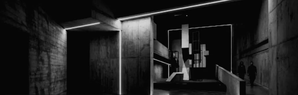 Illustration (AI-generated): dim concrete gallery interior